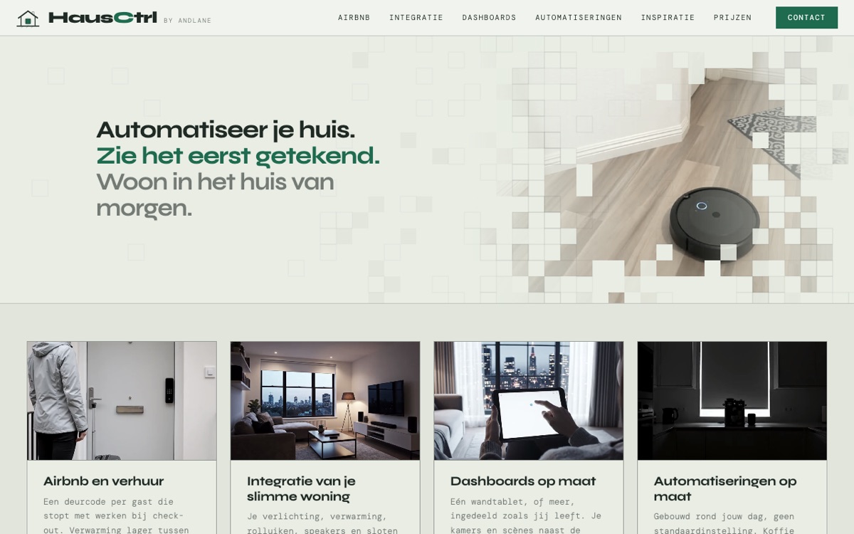 De homepage van hausctrl.be: de titel Automatiseer je huis. Zie het eerst getekend. naast een robotstofzuiger, boven kaarten voor Airbnb, integratie, dashboards en automatiseringen