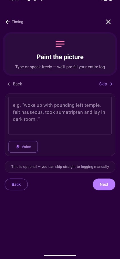 Spraaklog in MigraineMe: de gebruiker typt of zegt wat er gebeurde en de app vult de registratie in