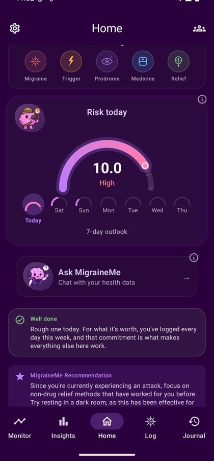 Startscherm van MigraineMe op Android: het migrainerisico van vandaag op een meter, met de komende zeven dagen eronder