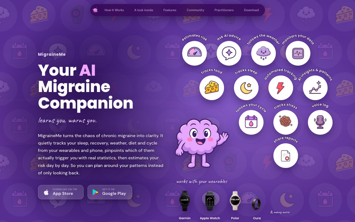 De homepage van migraineme.app: de functies van de app als ronde iconen naast de titel Your AI Migraine Companion